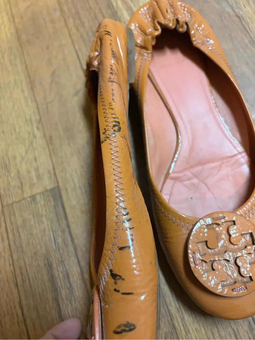 Tory Burch Caramel Leather Logo Ballet Flats